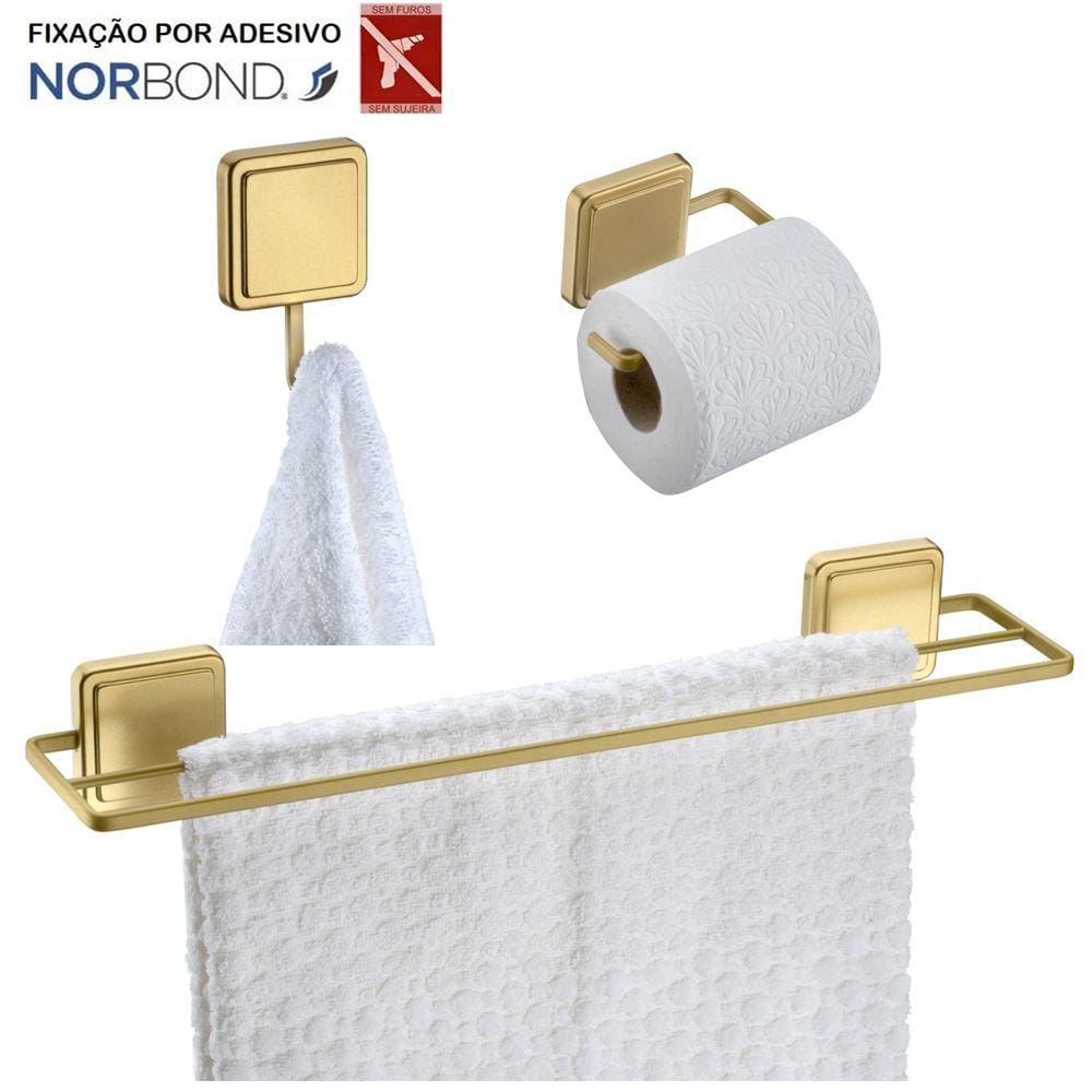 Kit Toalheiro Duplo Suporte Papel Higiênico Gancho Porta Toalha Banheiro Adesivo Dupla Face Dourado - Future
