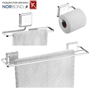 Kit Toalheiro Duplo Porta Toalha Rosto Suporte Papel Higiênico Banheiro Adesivo Dupla Face Cromado - Future