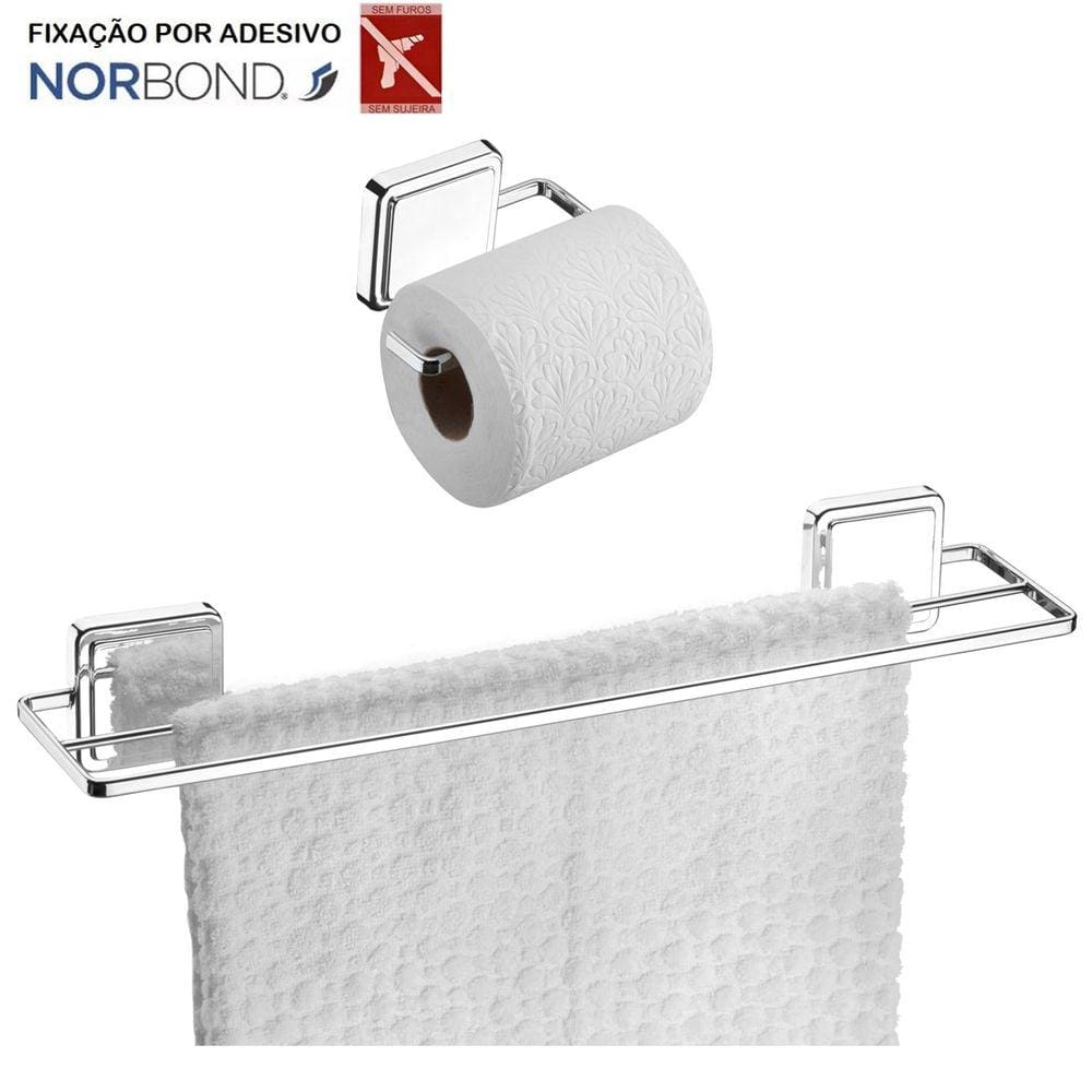 Kit Toalheiro Duplo Porta Toalha Suporte Papel Higiênico Banheiro Adesivo Dupla Face Cromado - Future