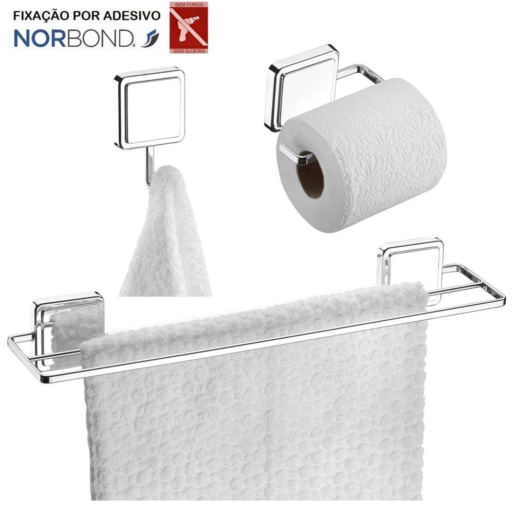 Kit Toalheiro Duplo Suporte Papel Higiênico Gancho Porta Toalha Banheiro Adesivo Dupla Face Cromado - Future