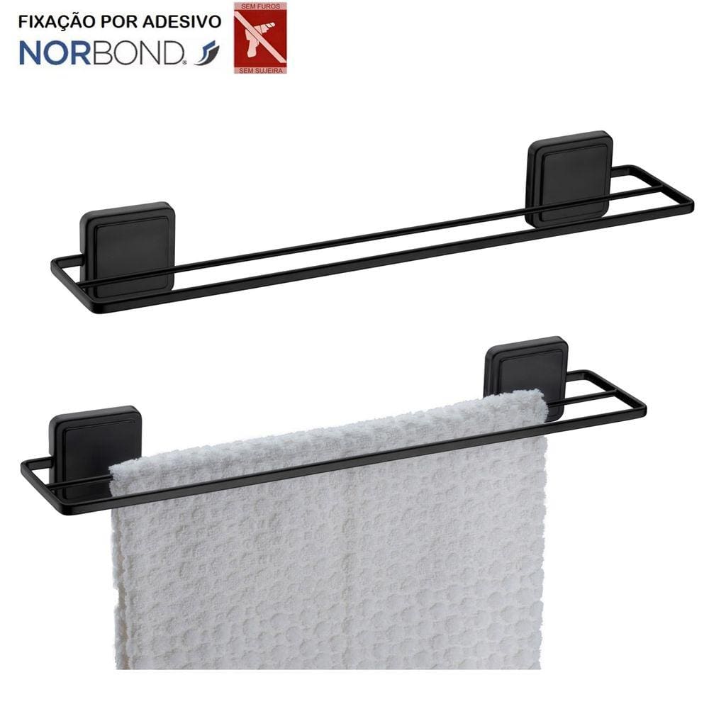 Kit 2 Suporte Porta Toalha Toalheiro Duplo 45cm Banheiro Adesivo Dupla Face Preto Fosco - Future