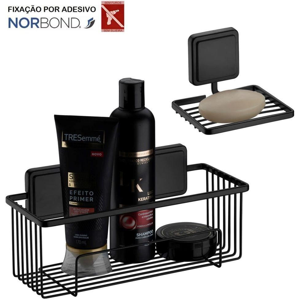 Kit Suporte Porta Shampoo Prateleira Saboneteira Banheiro Adesivo Dupla Face Preto Fosco - Future