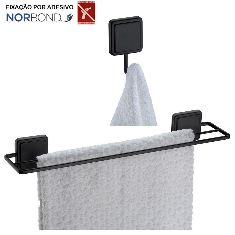 Kit Toalheiro Duplo Porta Toalha Gancho Multiuso Banheiro Adesivo Dupla Face Preto Fosco - Future