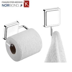 Kit Suporte Papel Higiênico Gancho Multiuso Porta Toalha Banheiro Adesivo Dupla Face Cromado - Future