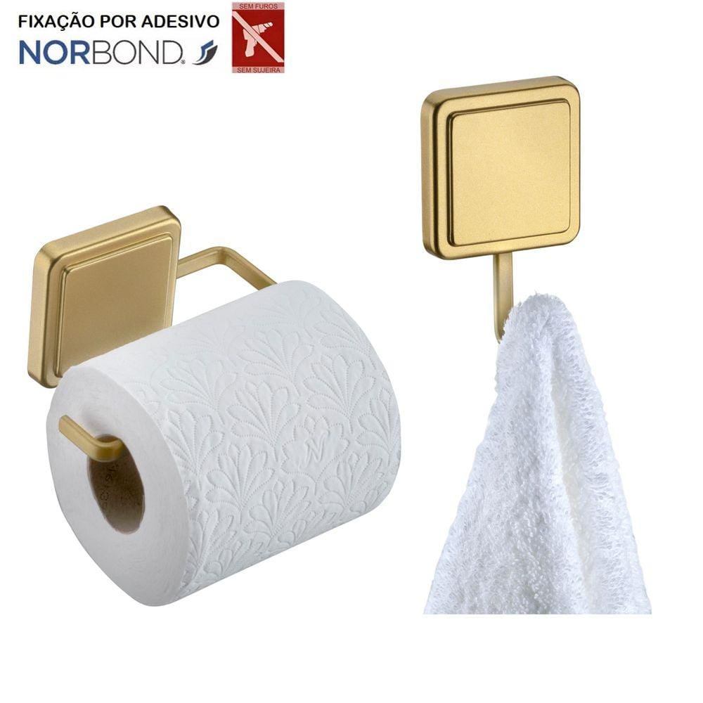 Kit Suporte Papel Higiênico Gancho Multiuso Porta Toalha Banheiro Adesivo Dupla Face Dourado - Future
