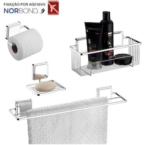Kit Toalheiro Suporte Shampoo Saboneteira Porta Papel Higiênico Banheiro Adesivo Dupla Face Cromado - Future