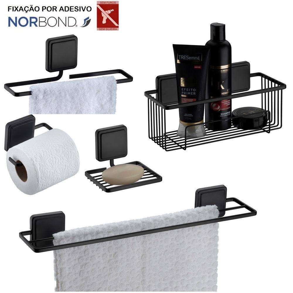Kit 5 Peças Acessórios De Banheiro Toalheiro Saboneteira Papeleira Adesivo Dupla Face Preto Fosco - Future