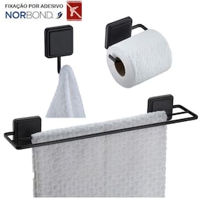 Kit Toalheiro Duplo Suporte Papel Higiênico Gancho Porta Toalha Banheiro Adesivo Dupla Face Preto Fosco - Future