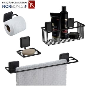 Kit Toalheiro Suporte Shampoo Saboneteira Porta Papel Higiênico Banheiro Adesivo Dupla Face Preto Fosco - Future
