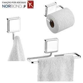 Kit Toalheiro Rosto Suporte Papel Higiênico Gancho Porta Toalha Banheiro Adesivo Dupla Face Cromado - Future