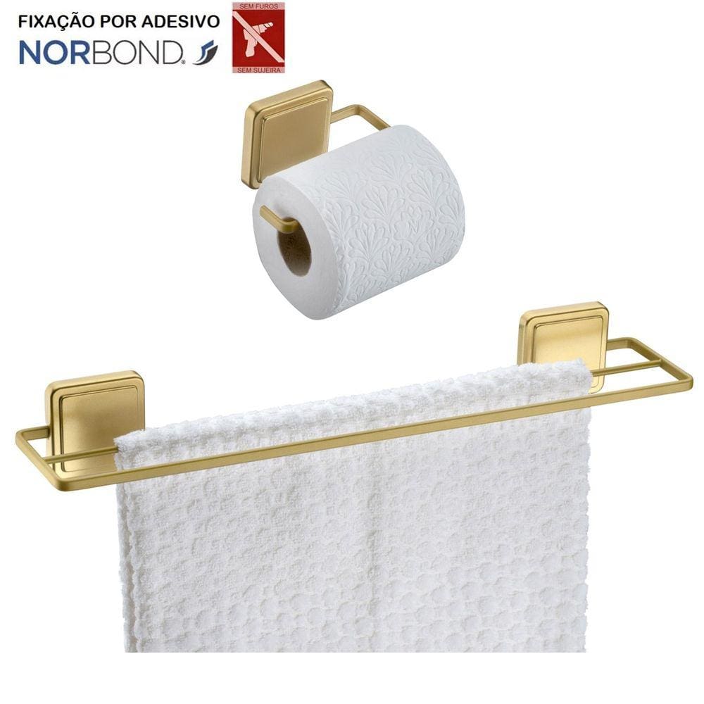 Kit Toalheiro Duplo Porta Toalha Suporte Papel Higiênico Banheiro Adesivo Dupla Face Dourado - Future