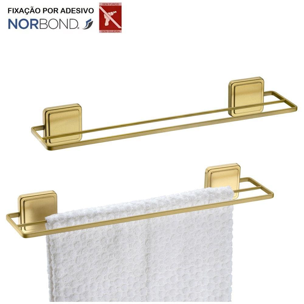 Kit 2 Suporte Porta Toalha Toalheiro Duplo 45cm Banheiro Adesivo Dupla Face Dourado - Future