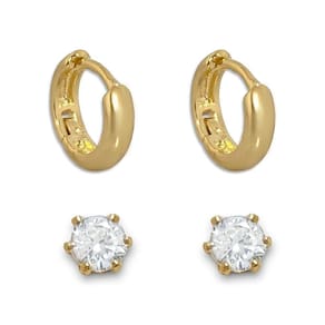 Duo de Brincos Argola e Zircônia Cristal Banhado a Ouro 18K Semijoia