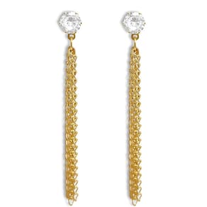 Brinco Comprido Zircônia Cristal e Correntes Banhado a Ouro 18K Semijoia