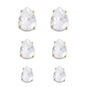 Trio de Brincos Gota Zircônia Cristal Banhado a Ouro 18K Semijoia