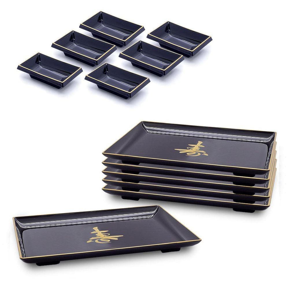Kit Oriental 6 Pessoas Molheira Prato Retangular Japonês
