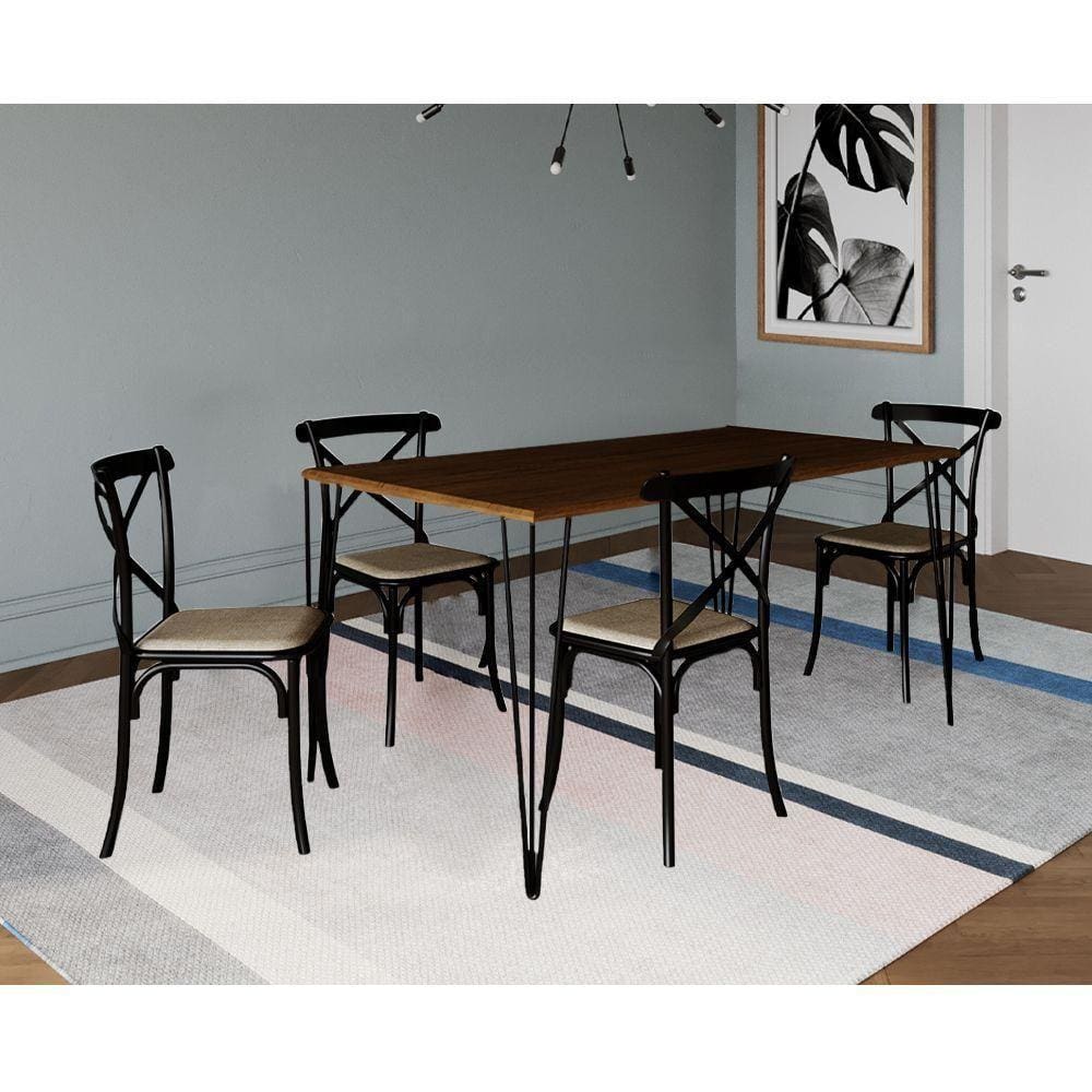 Jogo De Mesa Elen Retangular 140X80Cm Amêndoa Com 4 Cadeiras Katrina Preto Assento - Marrom