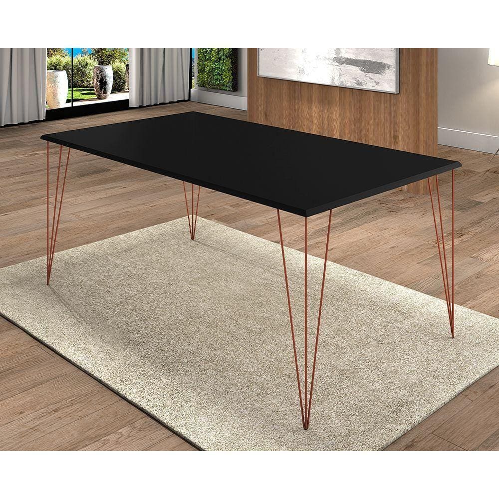 Mesa De Jantar Elen 140X80Cm Tampo Preto Com Base Cobre - Branco