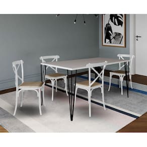 Jogo De Mesa Elen Retangular 140X80Cm Branco Com 4 Cadeiras Katrina Branca Assento - Branco