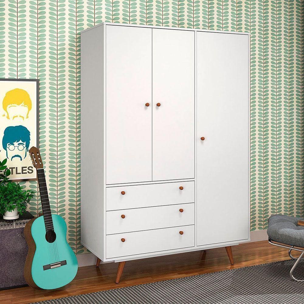 Guarda Roupa Solteiro 3 Portas 3 Gavetas Retrô 20 Olivar - Cor: Branco