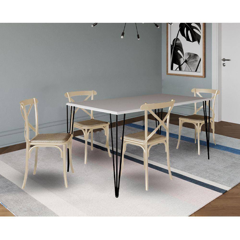 Jogo De Mesa Elen Retangular 140X80Cm Branco Com 4 Cadeiras Katrina Off White Assen - Branco