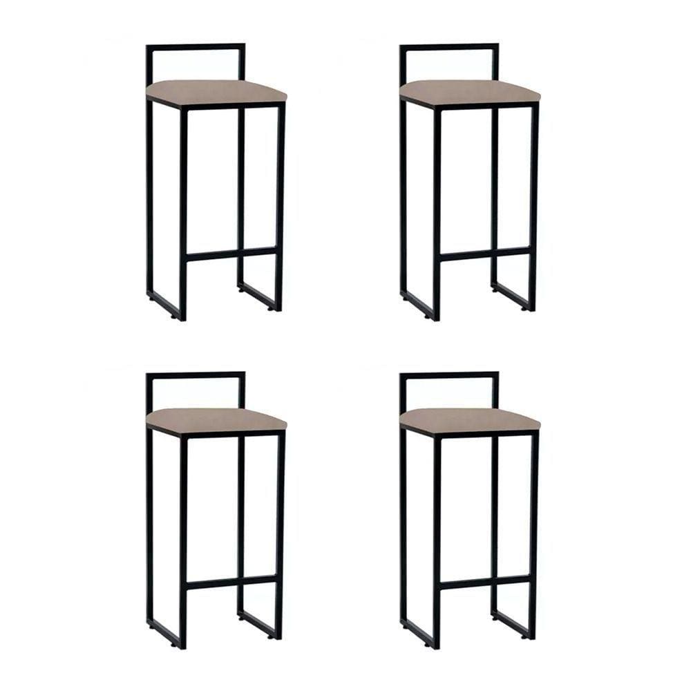 Kit 4 Banquetas Industrial Alta Bar Cozinha Bistrô Em Aço Dori Preta Assento Suede Bege - Preto