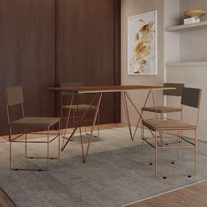 Mesa Jantar Industrial Trama 1,40X0,80M Amêndoa Com 4 Cadeiras Estofadas Vitória Marrom E Cobre