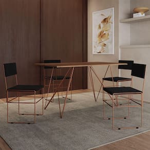 Mesa Jantar Industrial Trama 1,40X0,80M Amêndoa Com 4 Cadeiras Estofadas Vitória Cobre E Preta