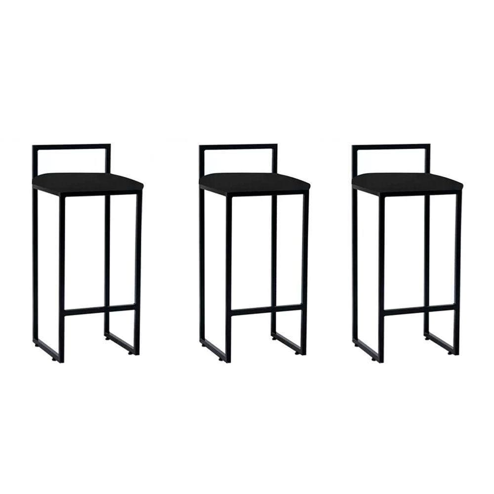 Kit 3 Banquetas Altas Industriais Em Aço Dori Preto Assento Suede Preto - Preto