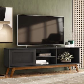 Rack Retrô Para Tv 60 Polegadas Panama - Preto Acetinado - Cor: Preto