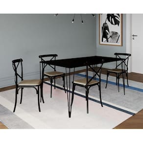 Jogo De Mesa Elen Retangular 140X80Cm Preto Com 4 Cadeiras Katrina Preto Assento Be - Preto