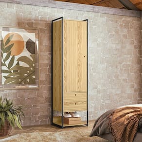 Closet Industrial Solteiro Armario Com Cabideiro + 2 Gavetas Olivar - Pinus - Cor: Marrom