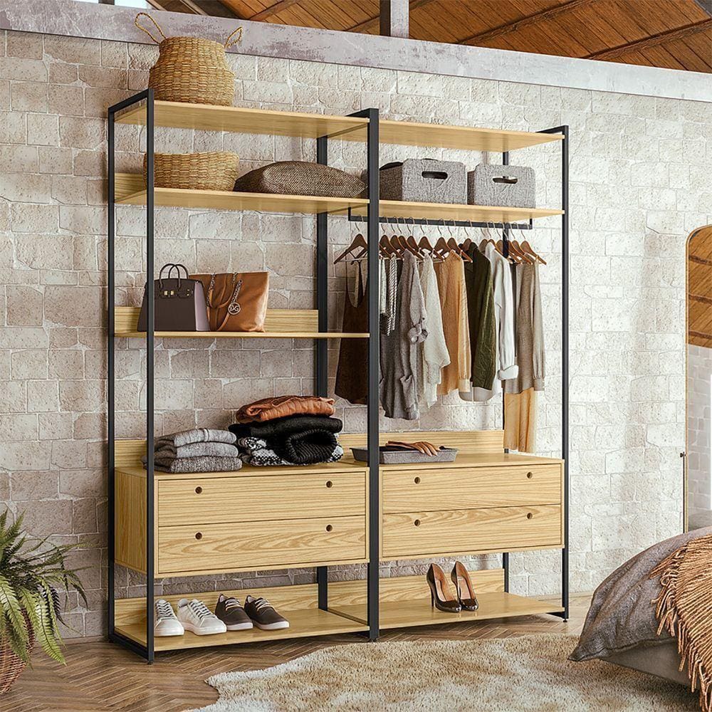 Guarda Roupa Closet Modulado Industrial Quarto Solteiro Olivar Aberto 178cm - Pinus - Cor: Marrom
