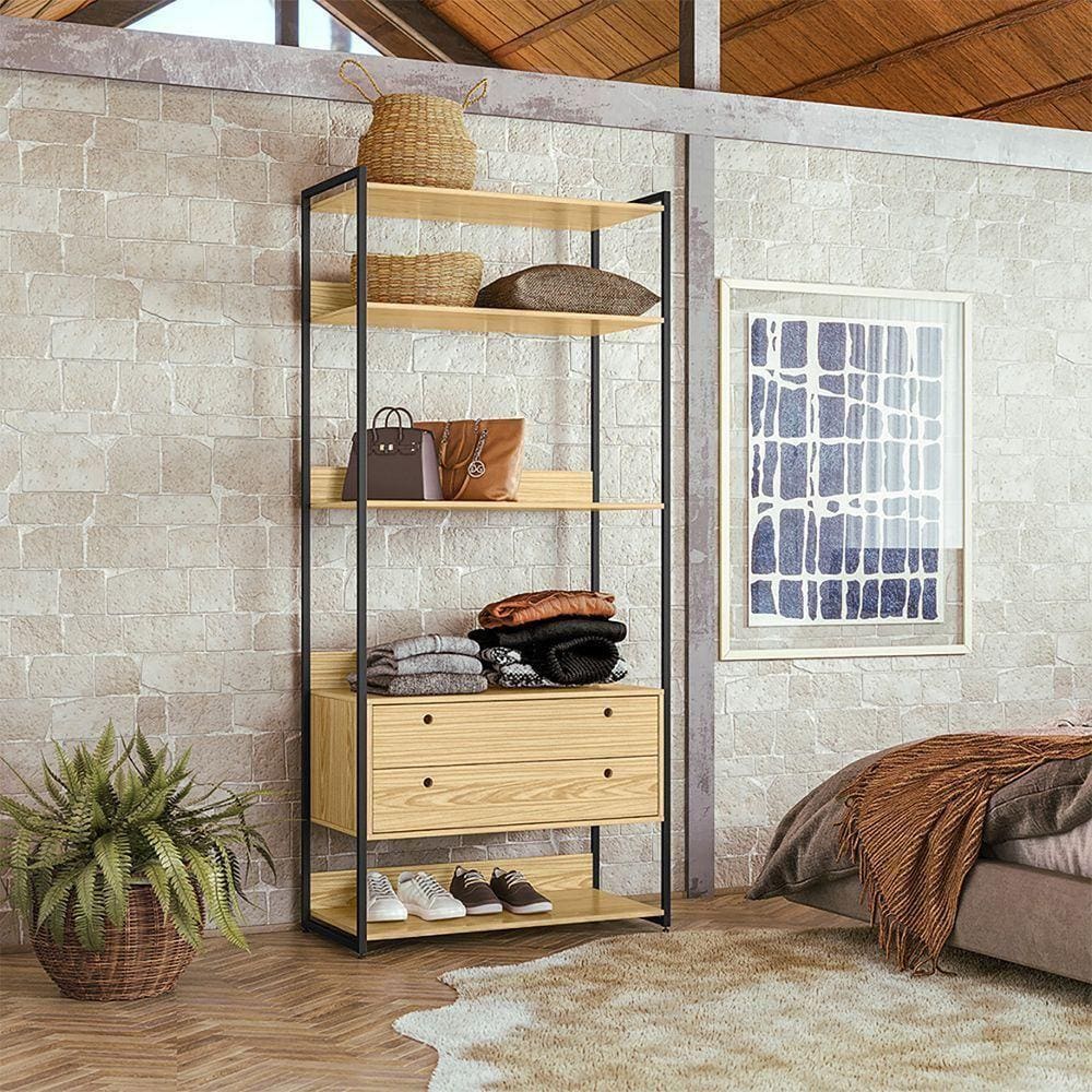 Guarda Roupa Closet Industrial Solteiro 2 Gavetas - Pinus - Cor: Marrom