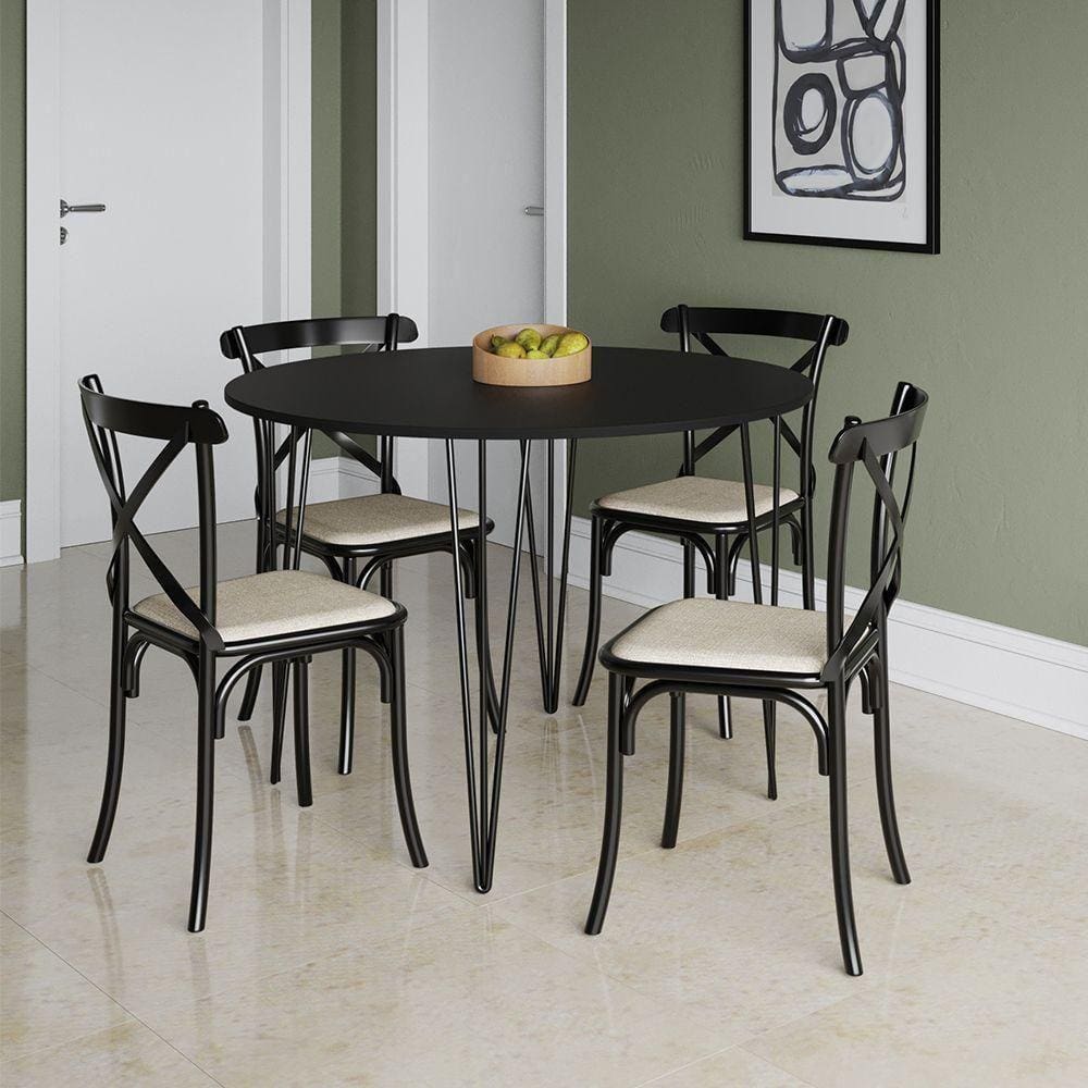 Mesa Com 4 Cadeiras Katrina Preta Elen Hairpin 110Cm Jantar Preta Com Ferro Preto - Preto