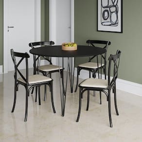 Mesa Com 4 Cadeiras Katrina Preta Elen Hairpin 110Cm Jantar Preta Com Ferro Preto - Preto
