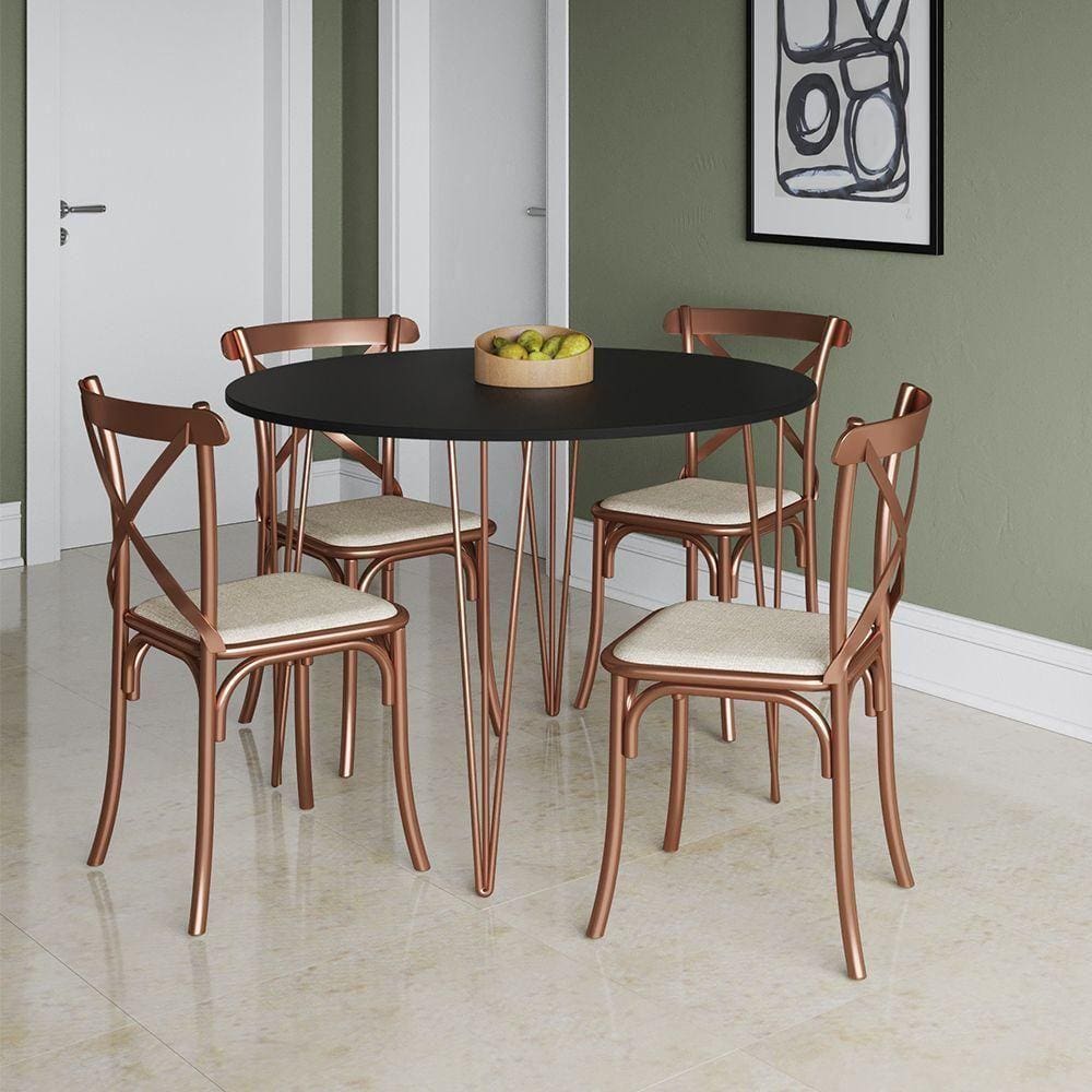 Mesa Com 4 Cadeiras Katrina Cobre Elen Hairpin 110Cm Jantar Preta Base Cobre - Preto