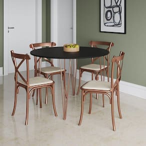 Mesa Com 4 Cadeiras Katrina Cobre Elen Hairpin 110Cm Jantar Preta Base Cobre - Preto