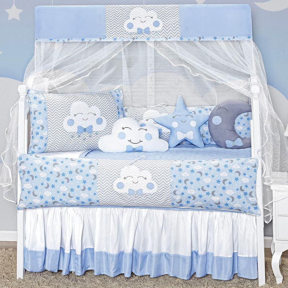Kit Berço 12 Peças Nuvem Estampado Menino Azul Claro Baby
