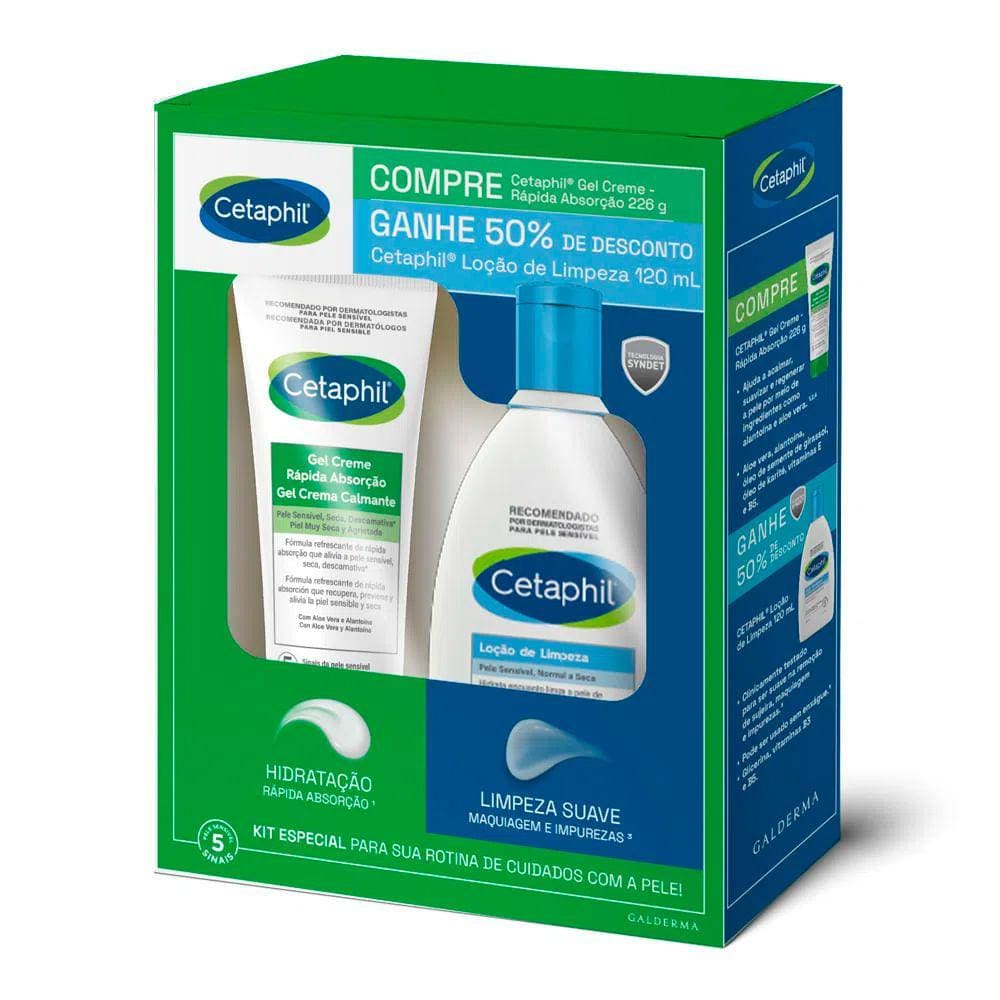 Kit Cetaphil Gel Creme Rápida Absorção 226g Ganhe 50% de Desconto Loção de Limpeza 120ml