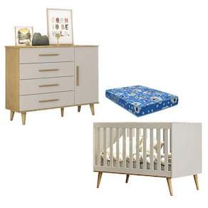 Berço Americano e Cômoda Infantil Ludmila Off White Bétula com Colchão Ortobom - Carolina Baby