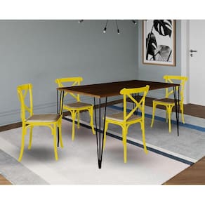 Conjunto De Mesa Elen Retangular 140X80Cm Amêndoa Com 4 Cadeiras Katrina Amarela As - Marrom