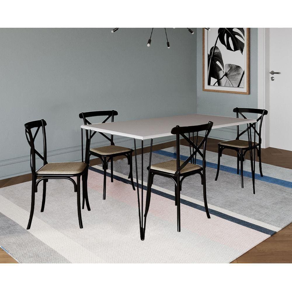 Conjunto De Mesa Elen Retangular 140X80Cm Branco Com 4 Cadeiras Katrina Preto Assen - Branco