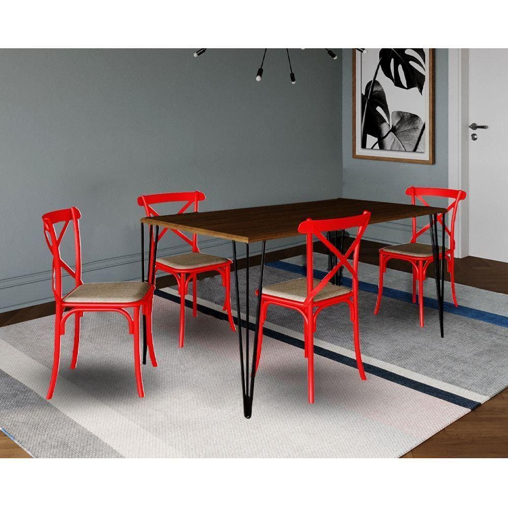 Conjunto De Mesa Elen Retangular 140X80Cm Amêndoa Com 4 Cadeiras Katrina Vermelha A - Marrom
