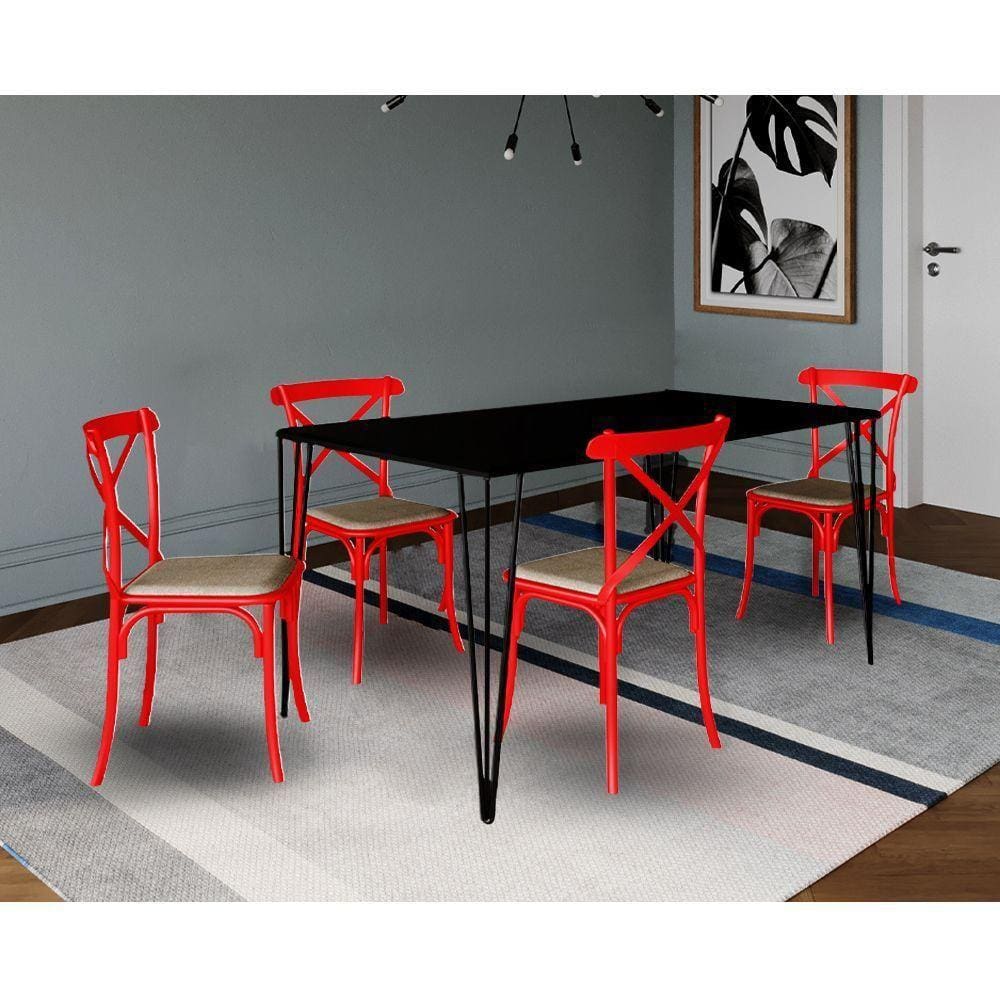 Jogo De Mesa Elen Retangular 140X80Cm Preto Com 4 Cadeiras Katrina Vermelha Assento - Preto