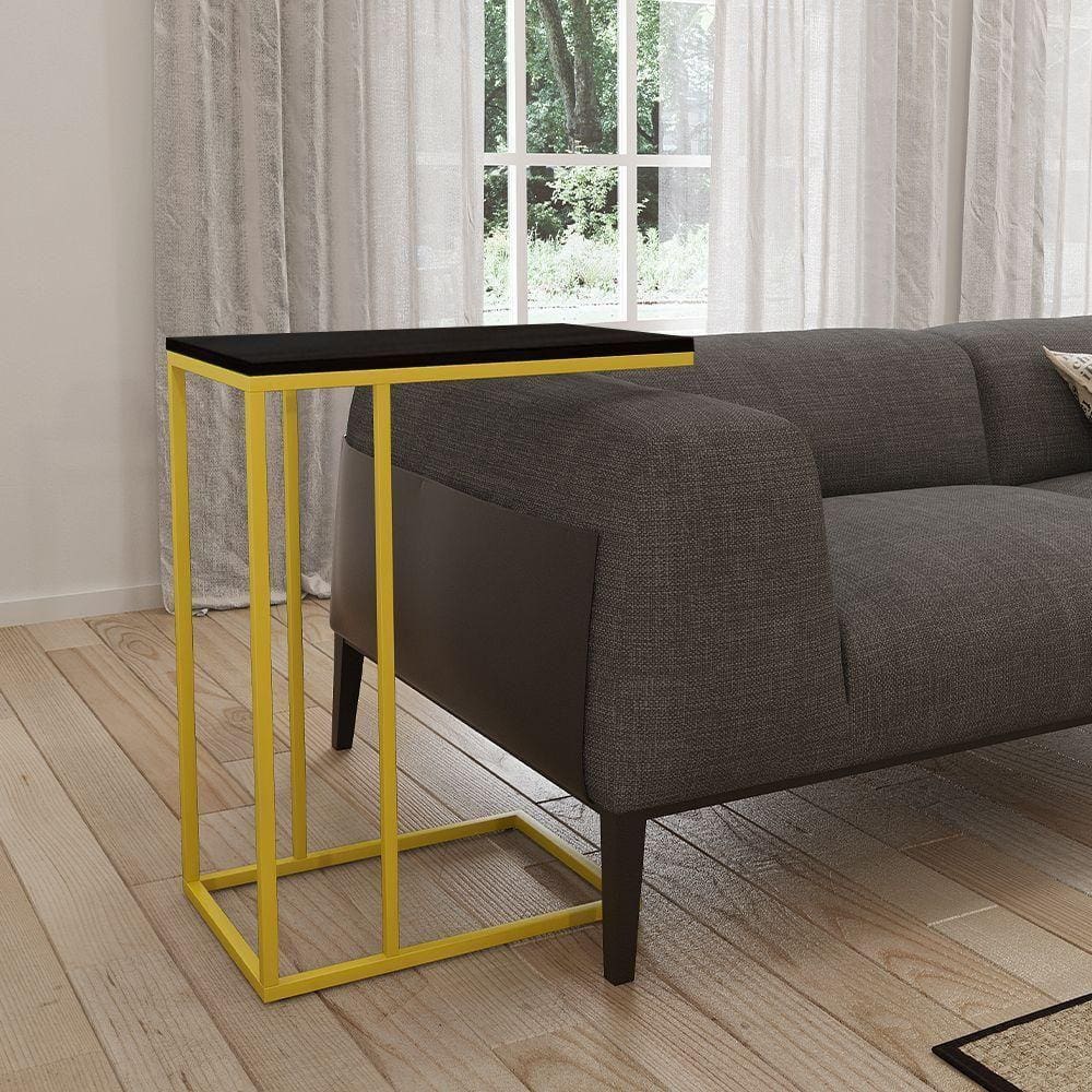 Mesa Lateral Industrial Elena Tampo Preto Base Ferro Amarelo - Preto
