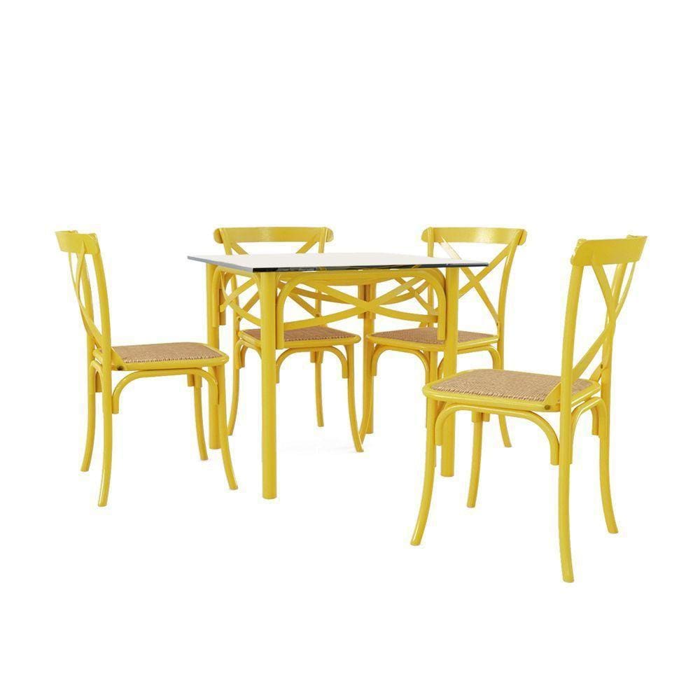 Conjunto Katrina Amarelo 4 Cadeiras Tampo De Madeira Quadrado 90 Cm New Green - Marrom
