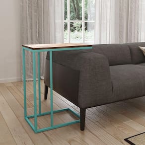 Mesa Lateral Industrial Elena Tampo Amendoa Base Ferro Azul Turquesa - Preto