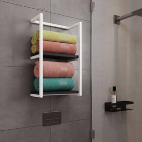 Toalheiro Para Banheiro Estilo Industrial Sahy - Branco E Prateleira Preta - Preto