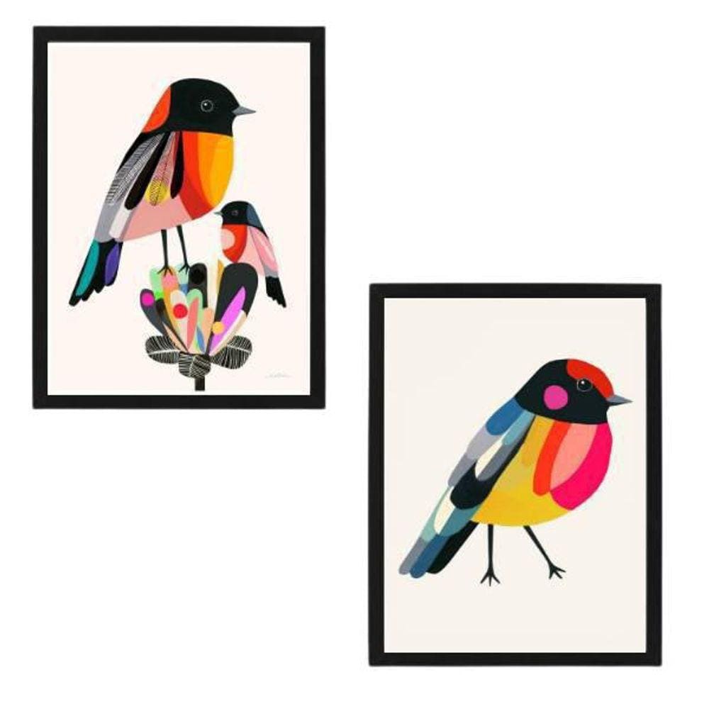 Kit 2 Quadros Decorativos Passarinhos Coloridos 34X23Cm